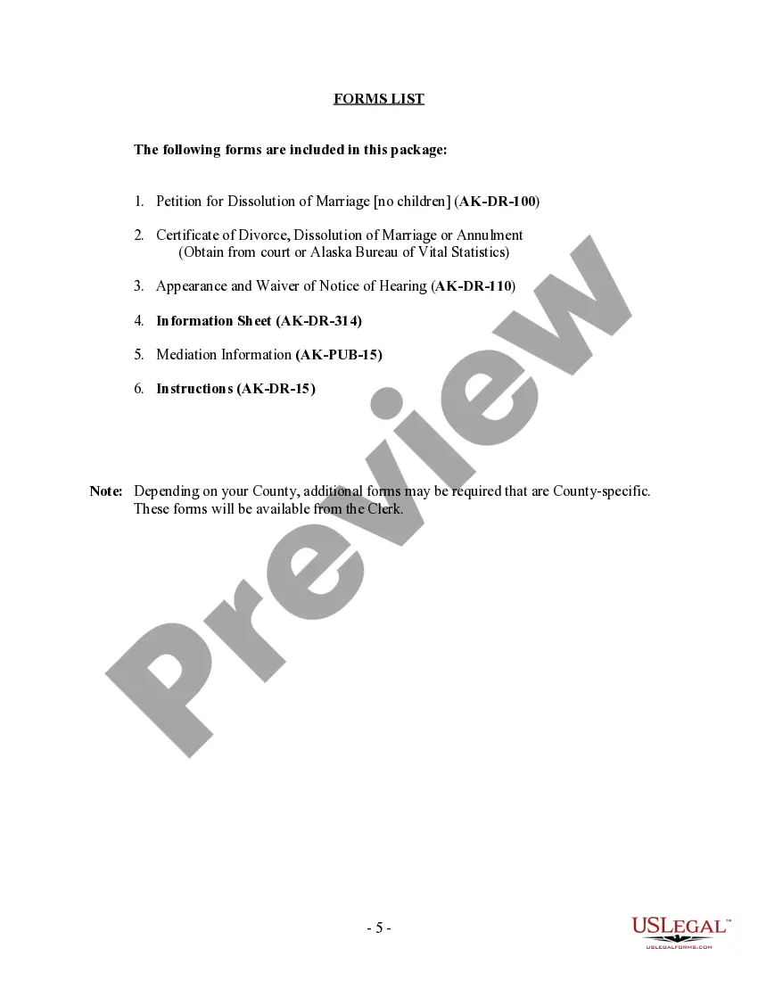 Preview Alaska No-Fault Agreed Uncontested Divorce Package for Dissolution of Marriage for Persons with No Children with or without Property and Debts
