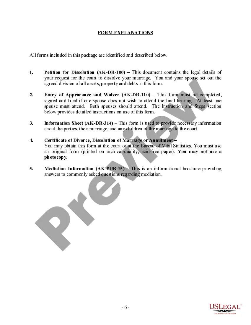 Preview Alaska No-Fault Agreed Uncontested Divorce Package for Dissolution of Marriage for Persons with No Children with or without Property and Debts