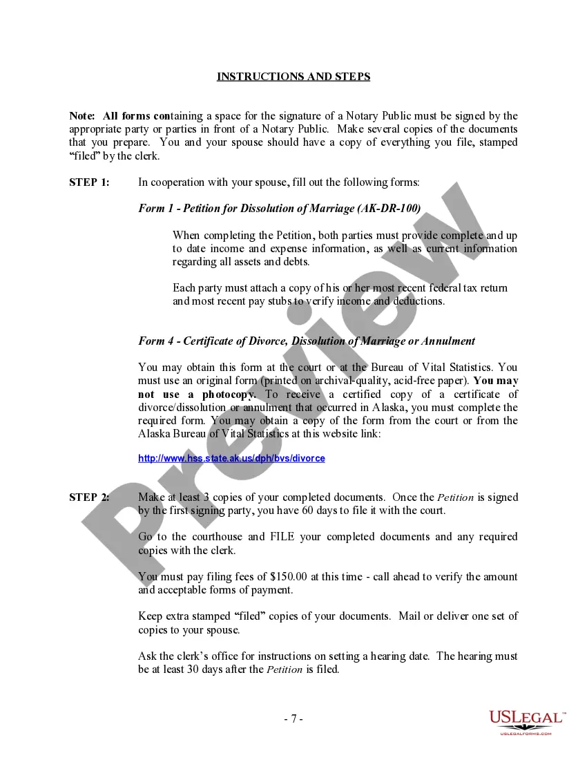 Preview Alaska No-Fault Agreed Uncontested Divorce Package for Dissolution of Marriage for Persons with No Children with or without Property and Debts