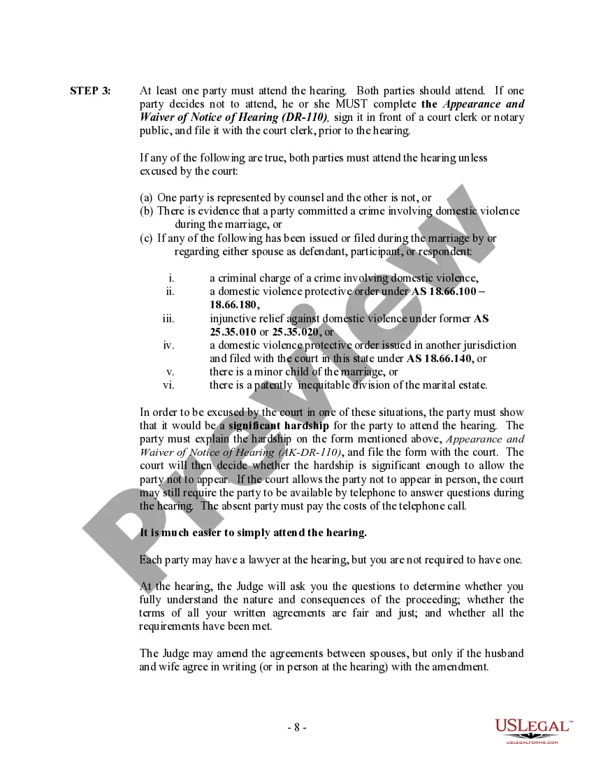 Preview Alaska No-Fault Agreed Uncontested Divorce Package for Dissolution of Marriage for Persons with No Children with or without Property and Debts
