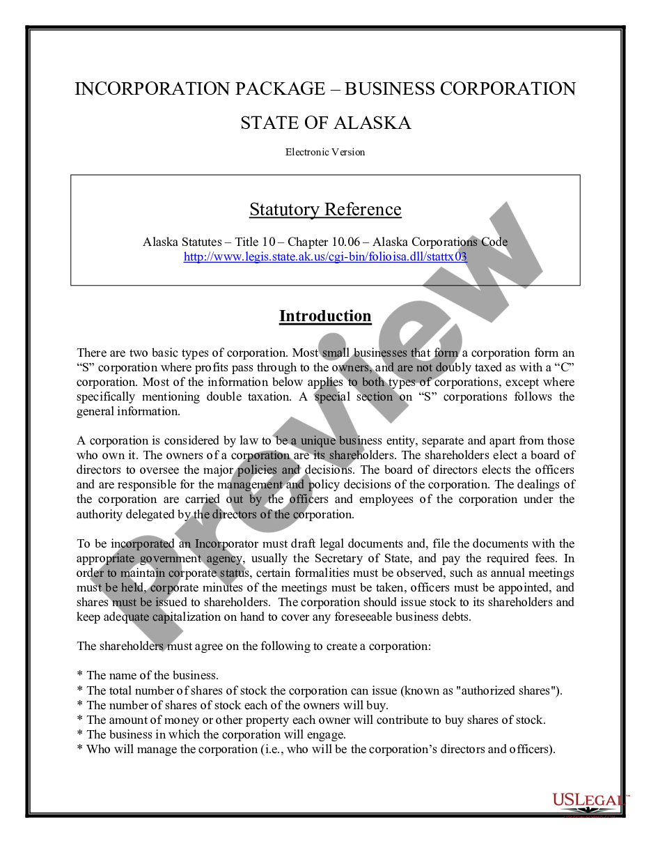 form Alaska Business Incorporation Package to Incorporate Corporation preview