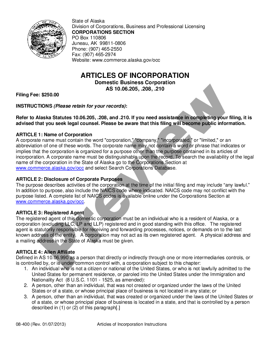 page 1 Alaska Articles of Incorporation for Domestic For-Profit Corporation preview
