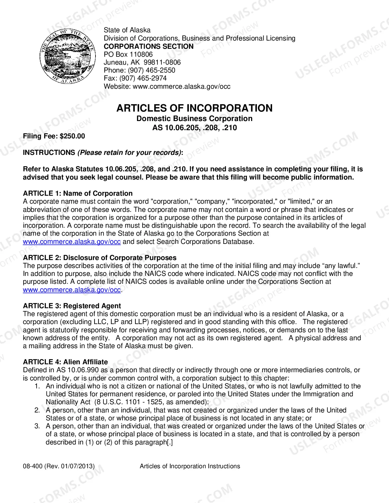 Preview Alaska Articles of Incorporation for Domestic For-Profit Corporation