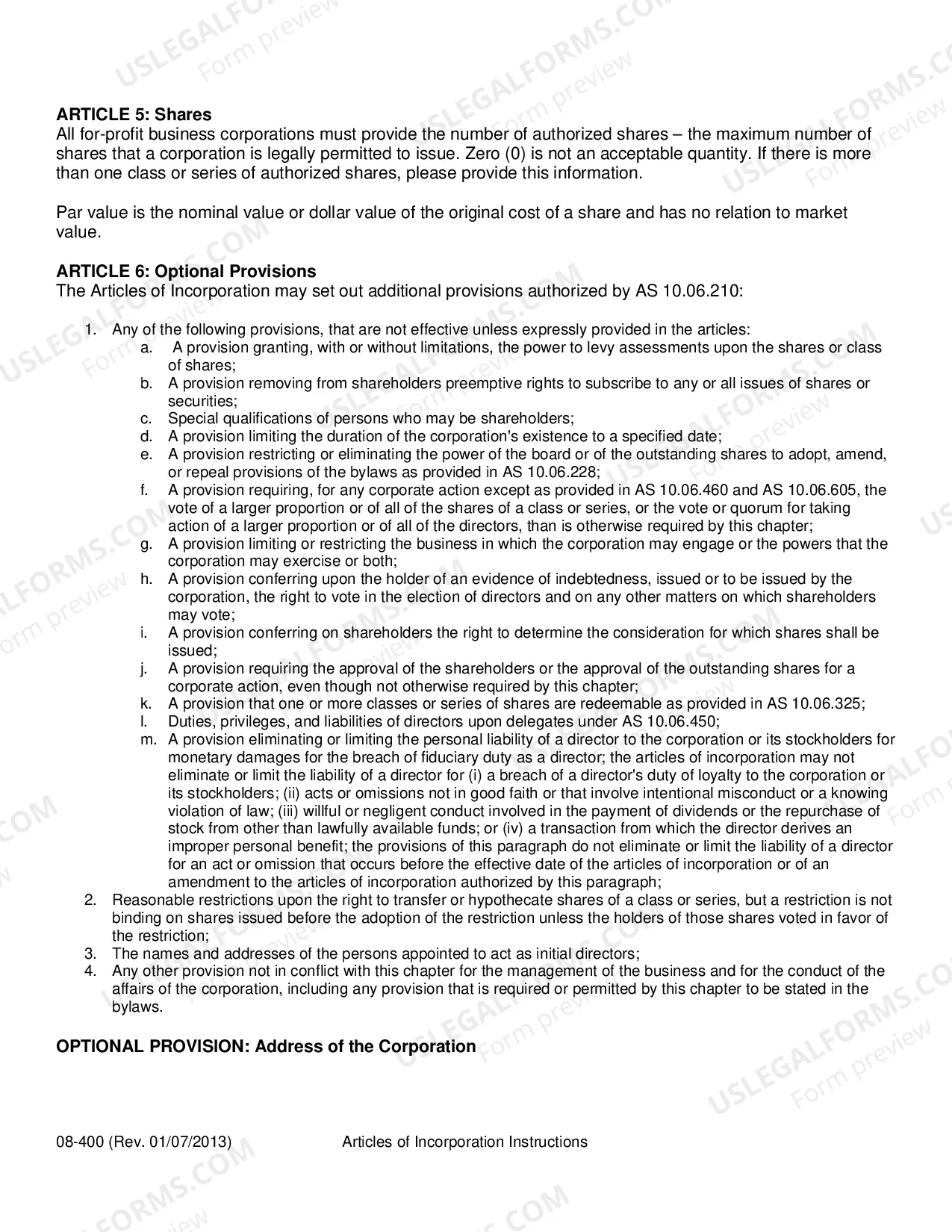 Preview Alaska Articles of Incorporation for Domestic For-Profit Corporation