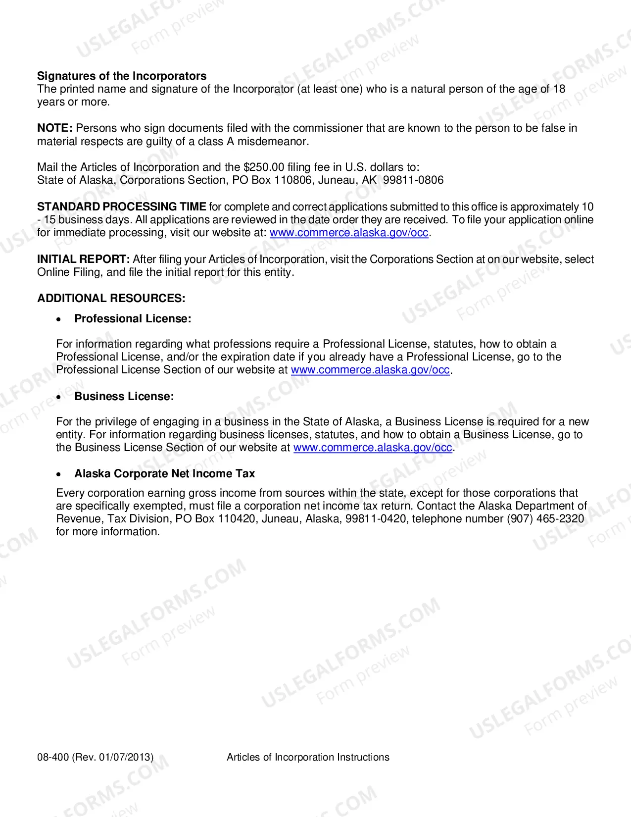 Preview Alaska Articles of Incorporation for Domestic For-Profit Corporation