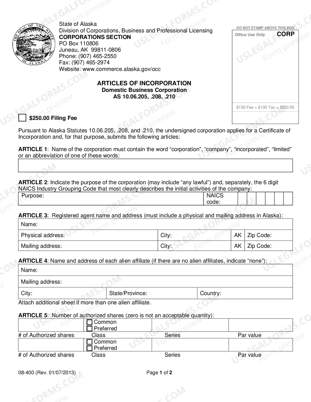 Preview Alaska Articles of Incorporation for Domestic For-Profit Corporation