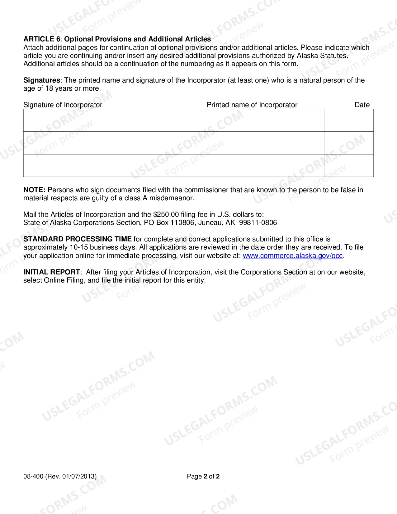 Preview Alaska Articles of Incorporation for Domestic For-Profit Corporation
