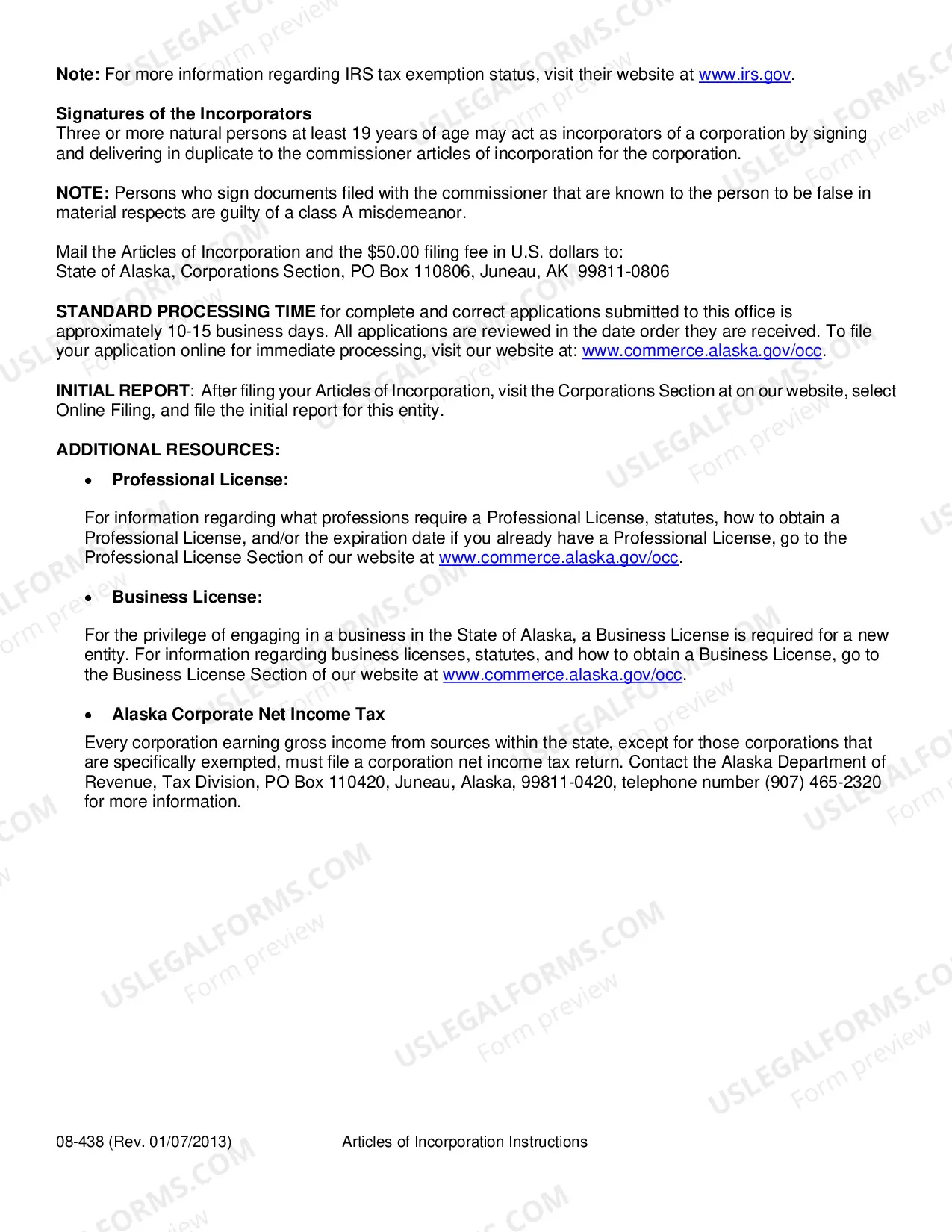 Preview Alaska Articles of Incorporation for Domestic Nonprofit Corporation