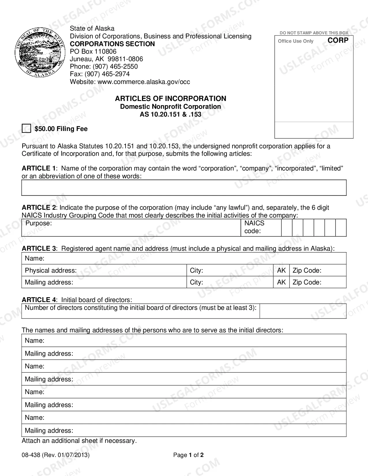Preview Alaska Articles of Incorporation for Domestic Nonprofit Corporation