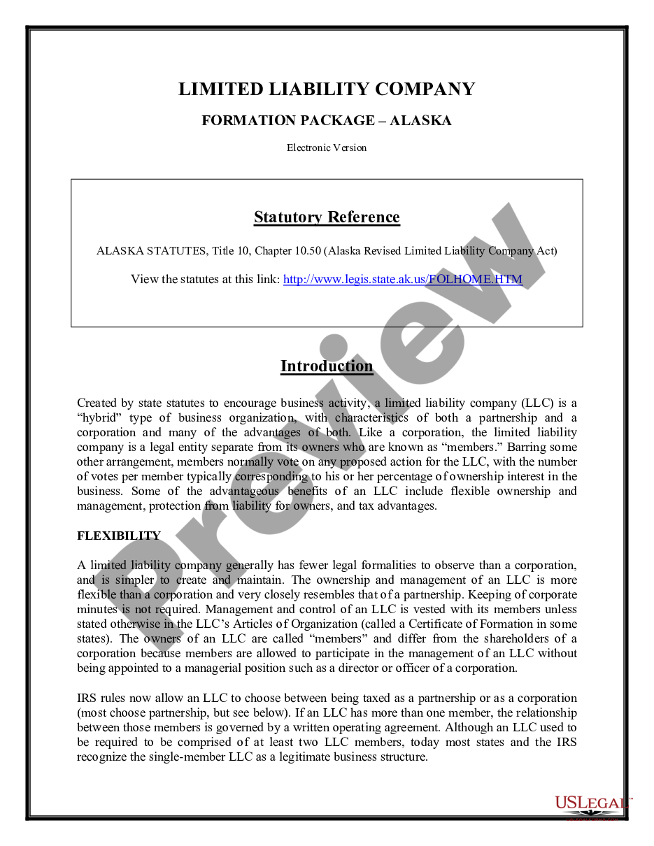 form Alaska Limited Liability Company LLC Formation Package preview