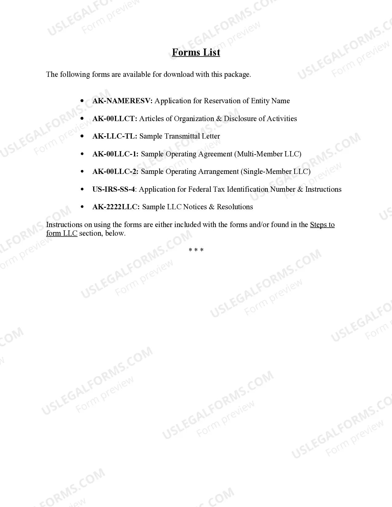 Preview Alaska Limited Liability Company LLC Formation Package