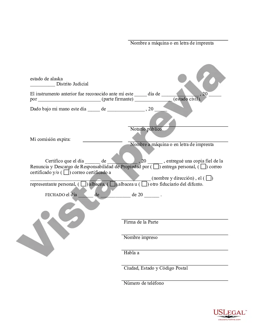 Preview Renuncia y descargo de responsabilidad de la propiedad de Alaska por testamento por testamento