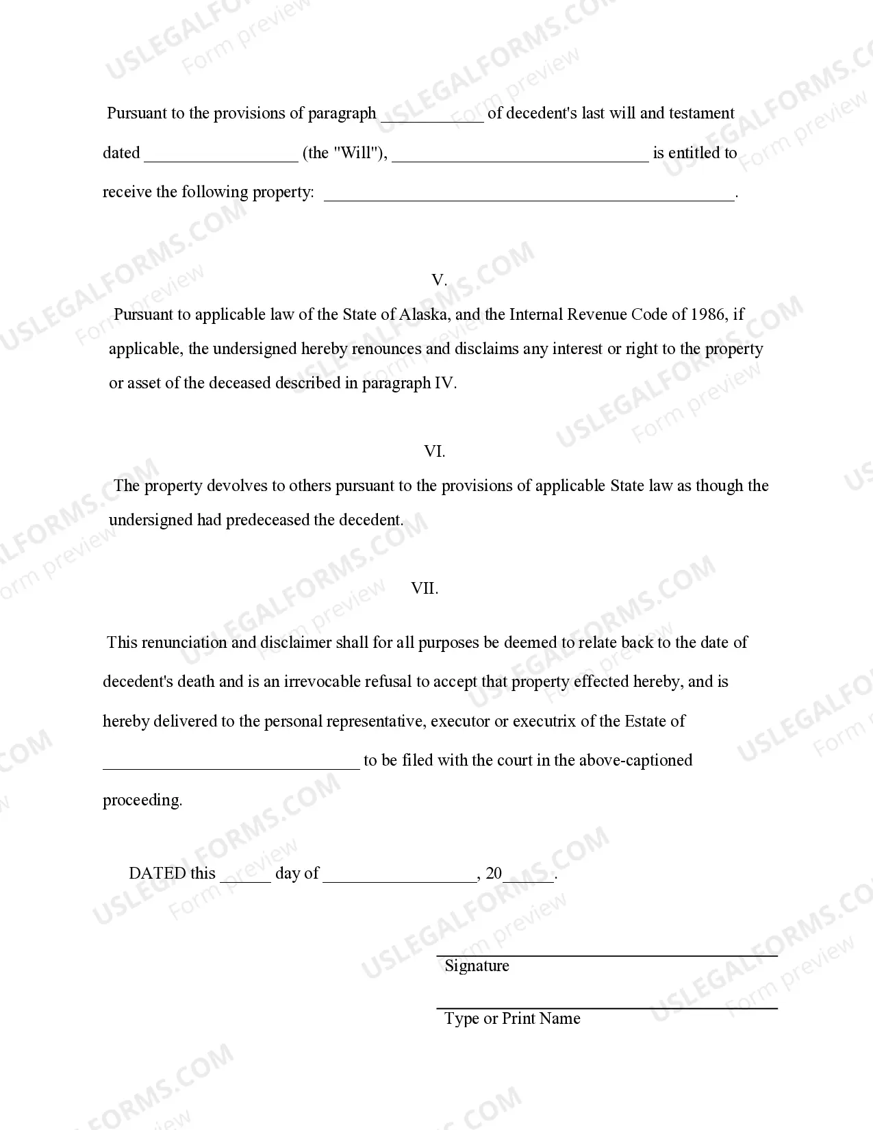 Preview Alaska Renunciation and Disclaimer of Property from Will by Testate