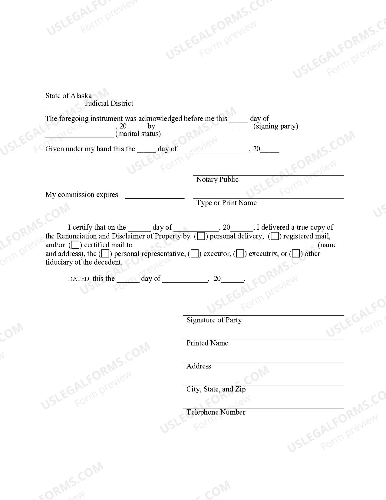 Preview Alaska Renunciation and Disclaimer of Property from Will by Testate