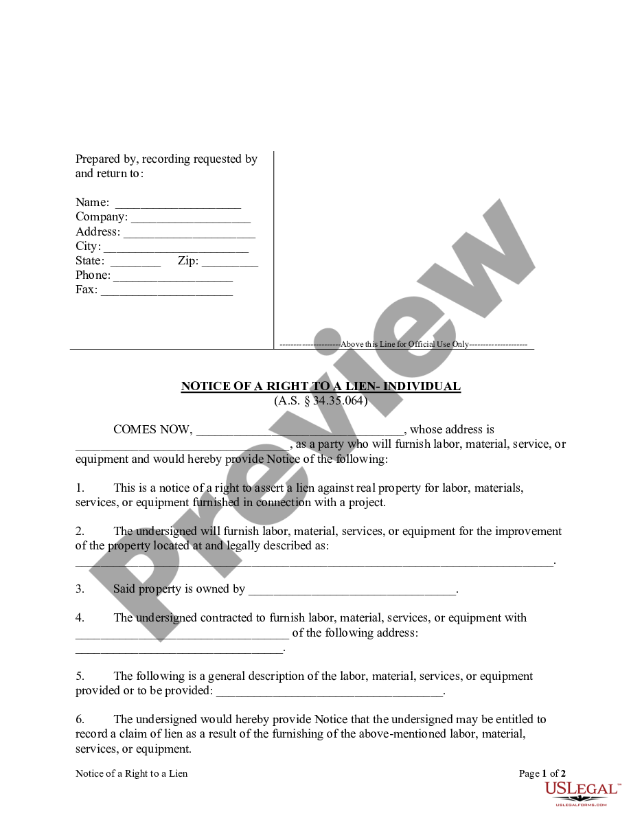 page 0 Notice of a Right to Claim Lien - Individual preview