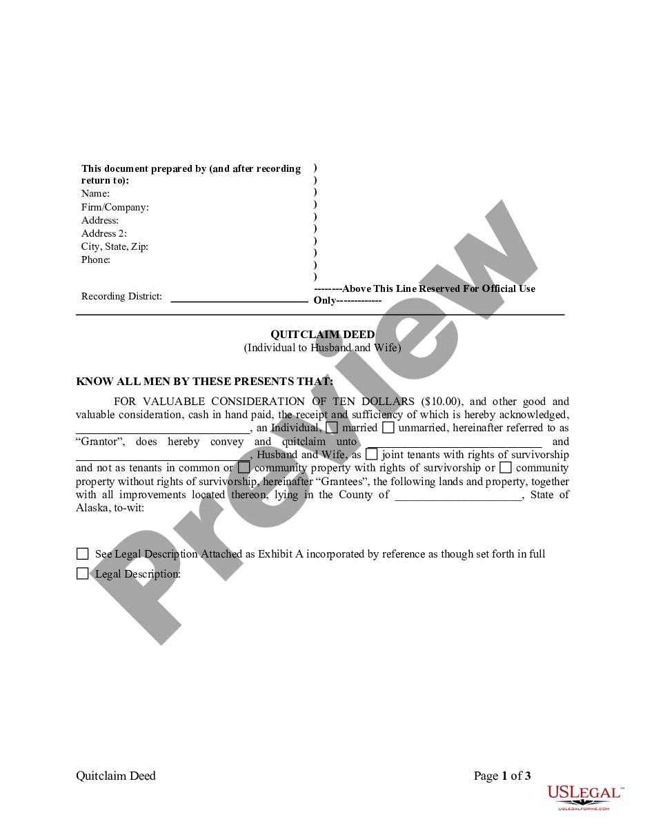 form Quitclaim Deed from Individual to Husband and Wife preview