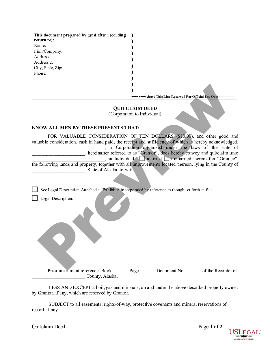 page 0 Quitclaim Deed from Corporation to Individual preview