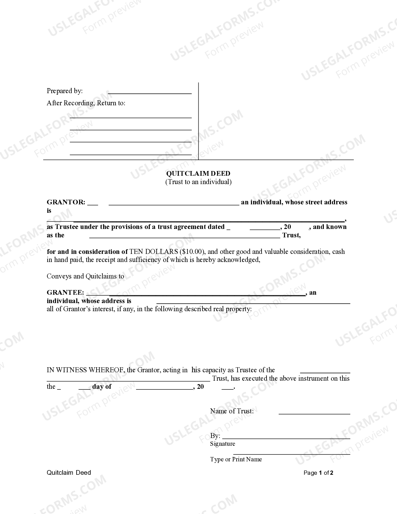 Alaska Quitclaim Deed from Trust to an Individual Quitclaim Deed