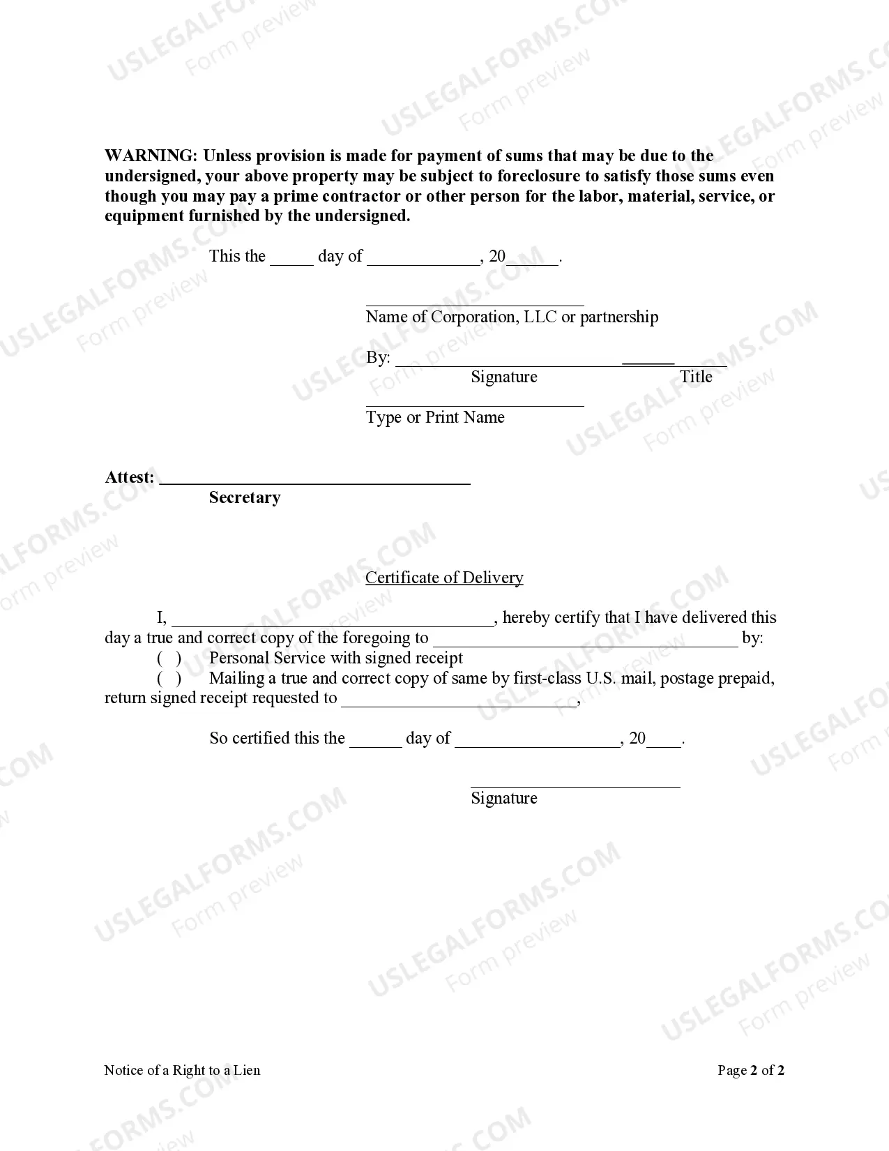 Preview Notice of a Right to Claim Lien - Corporation