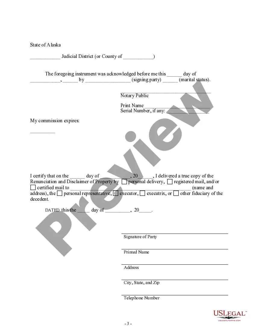 Preview Alaska Renunciation and Disclaimer of Property received by Intestate Succession