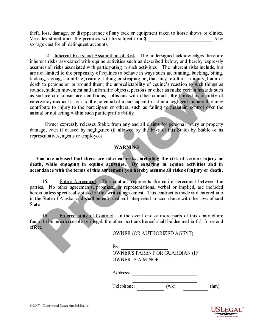Preview Boarding Stable Agreement - Horse Equine Forms