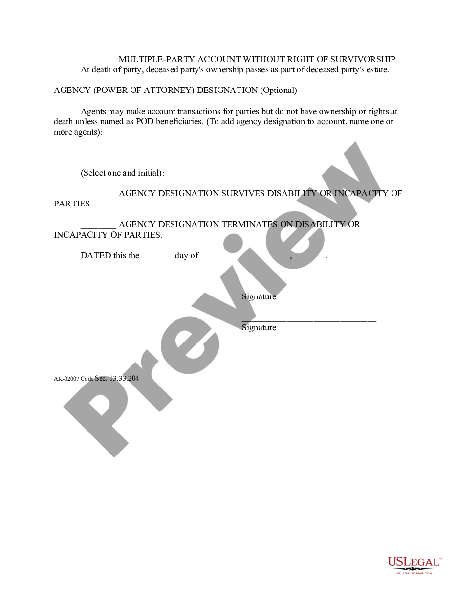 page 1 Uniform Single or Multiple Party Account Form - Contract for Deposit preview