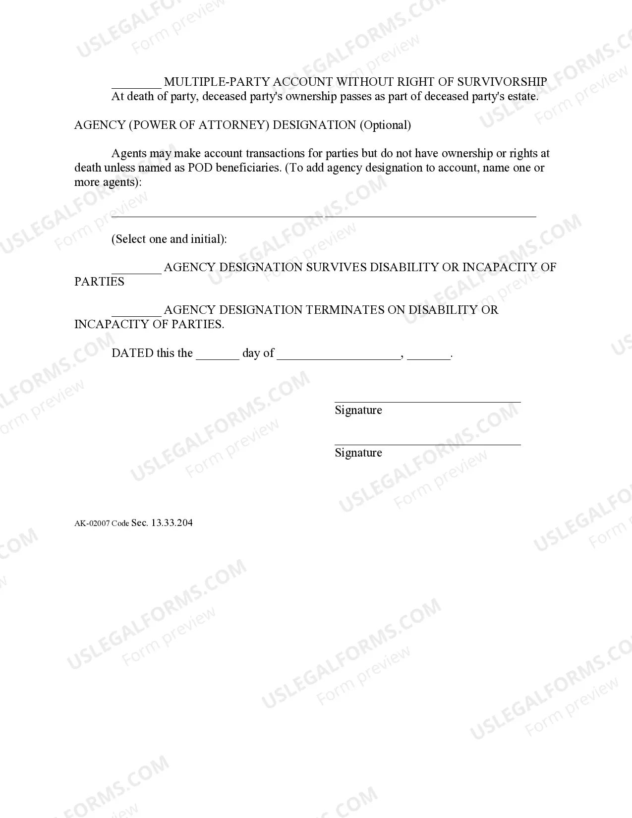 Preview Uniform Single or Multiple Party Account Form - Contract for Deposit