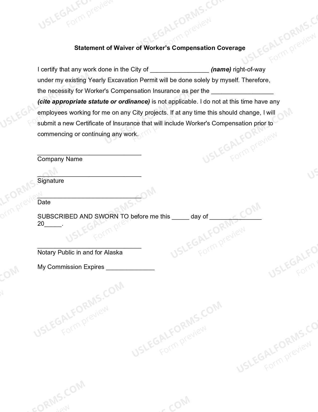 Alaska Statement of Waiver of Worker's Compensation Coverage Worker