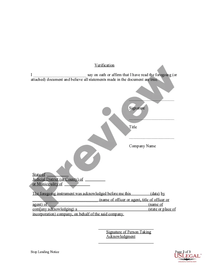 Preview Stop Lending Notice by Corporation