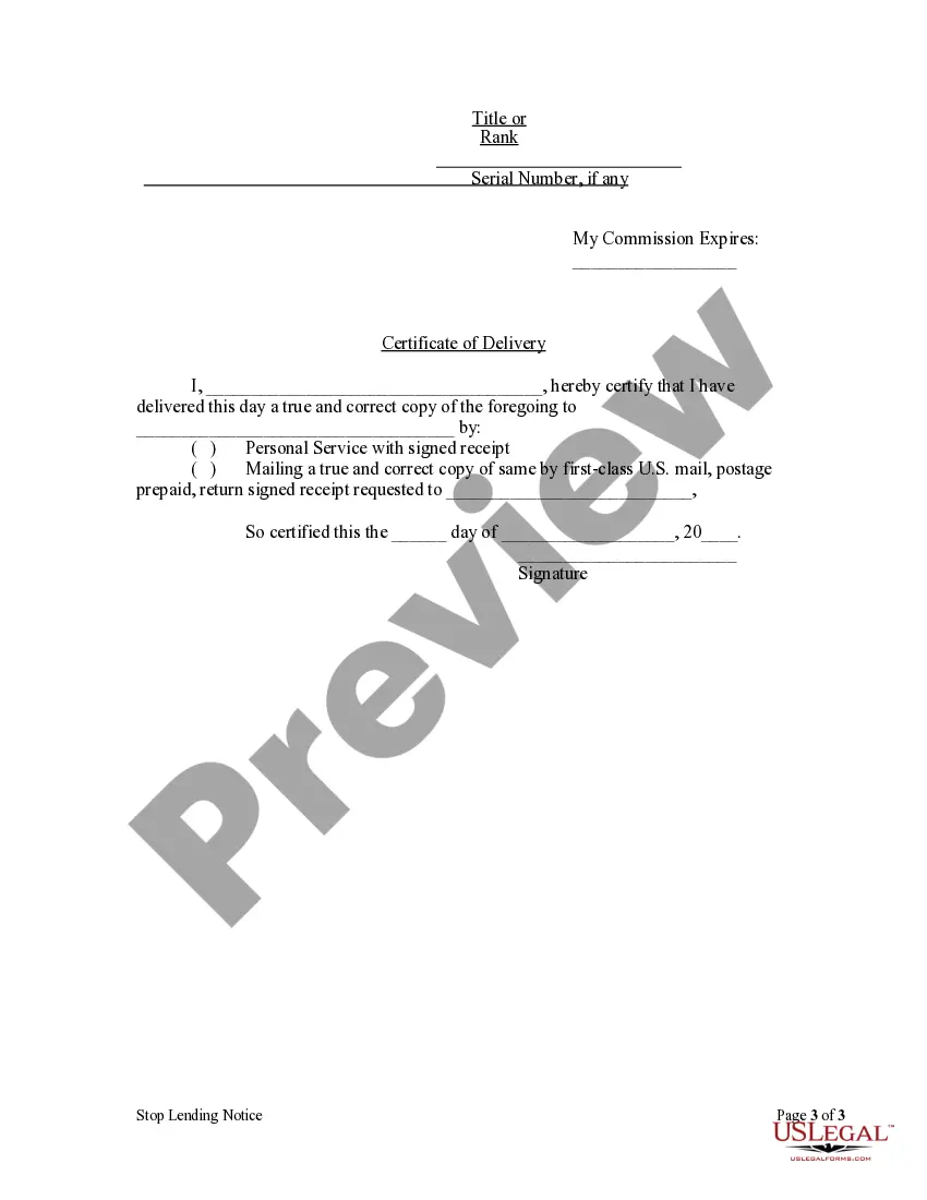 Preview Stop Lending Notice by Corporation