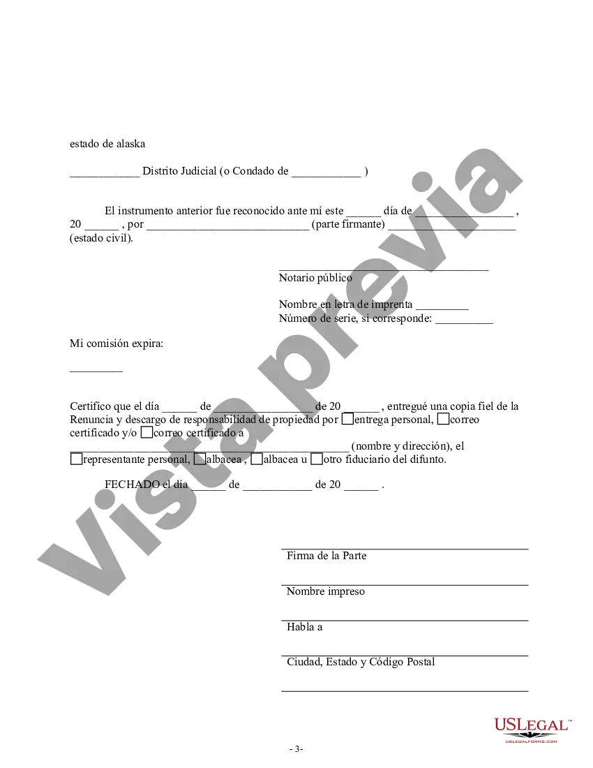 Preview Renuncia de Alaska y descargo de responsabilidad de inquilino conjunto o interés de tenencia