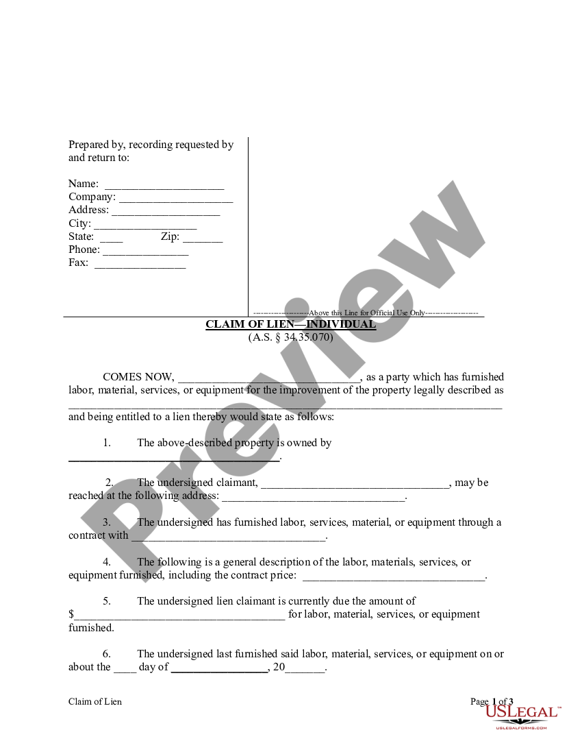 Alaska Claim of Lien by Individual - Alaska Lien Ak | US Legal Forms