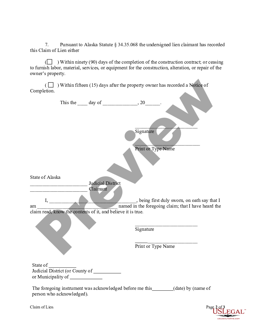 Alaska Claim Of Lien By Individual Alaska Lien Ak Us Legal Forms 1083