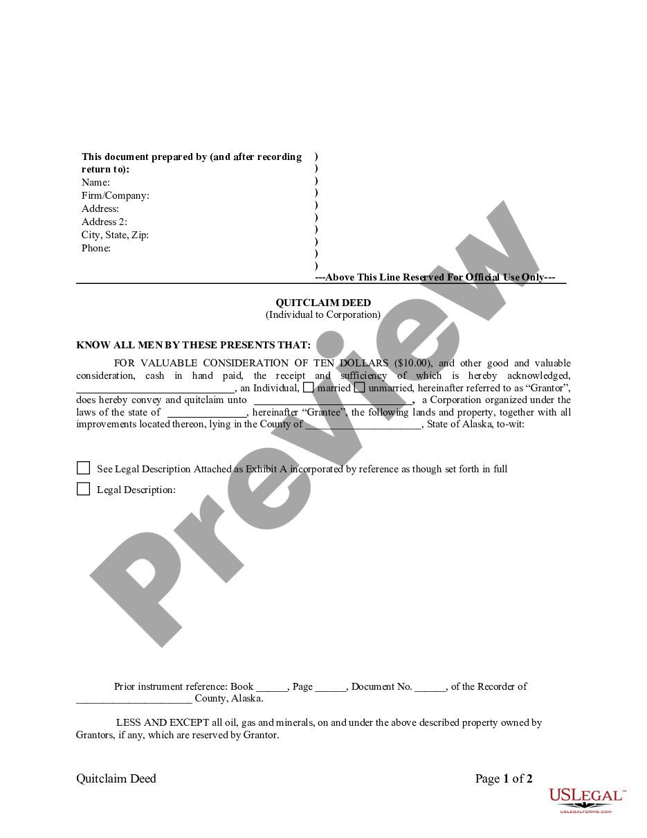 form Quitclaim Deed from Individual to Corporation preview