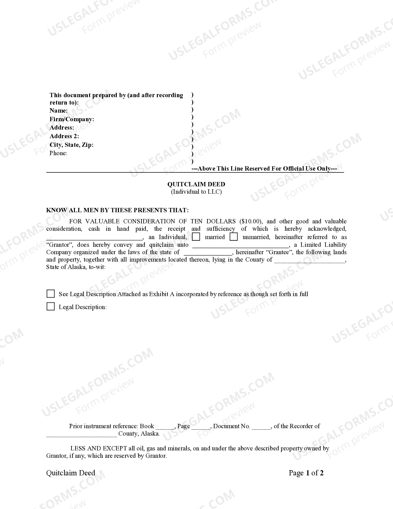Alaska Quitclaim Deed from Individual to LLC US Legal Forms
