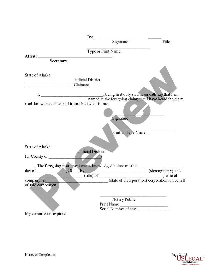 Preview Notice of Completion by Corporation