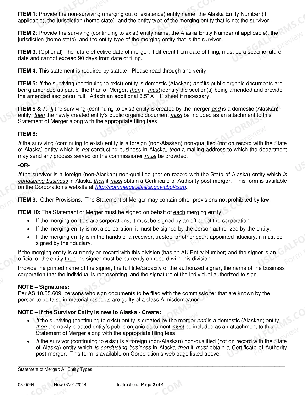 Preview Statement of Merger - All Entity Types - Under AS 10-55 Only