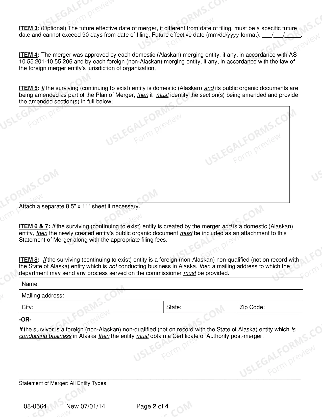 Preview Statement of Merger - All Entity Types - Under AS 10-55 Only