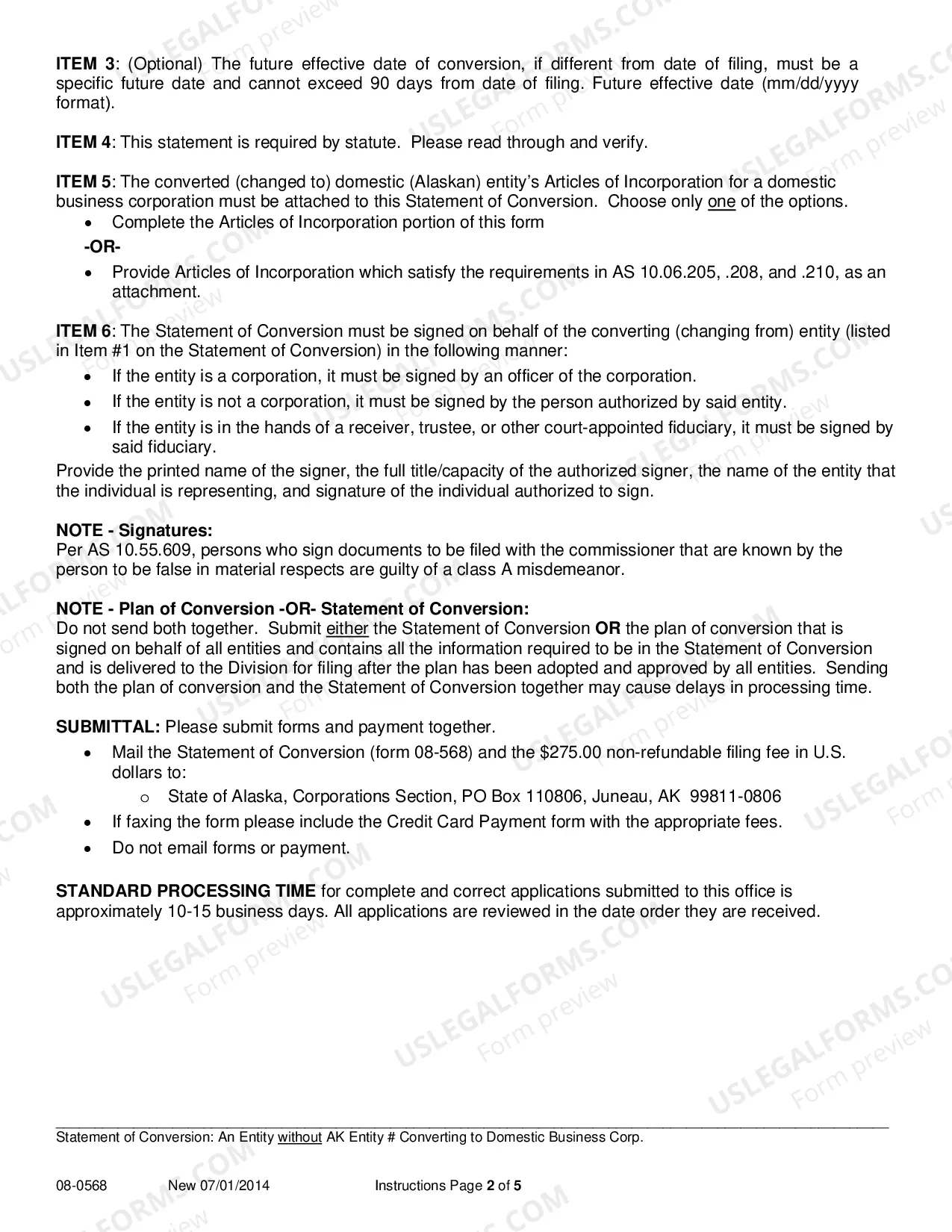 Preview Statement of Conversion - Entity without AK Entity Number Converting to Domestic Business Corporation