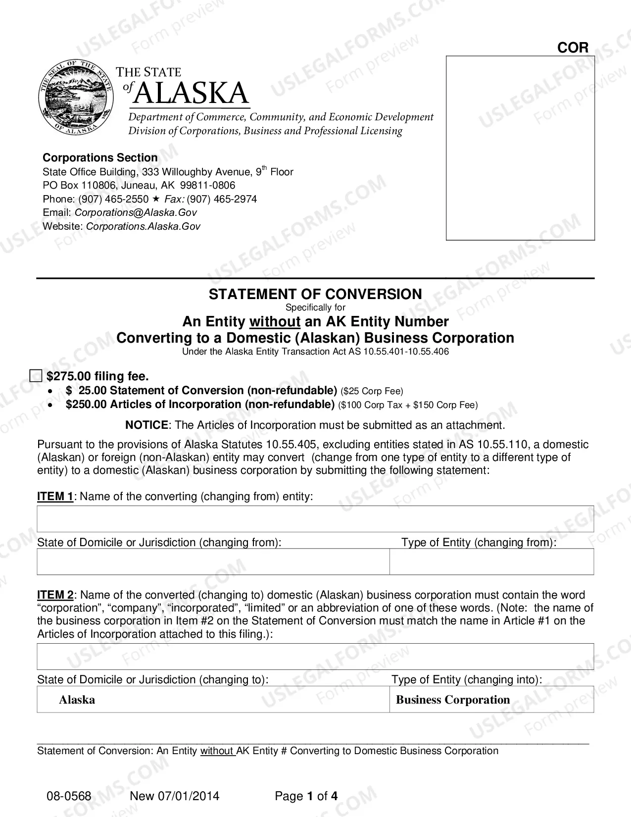 Preview Statement of Conversion - Entity without AK Entity Number Converting to Domestic Business Corporation