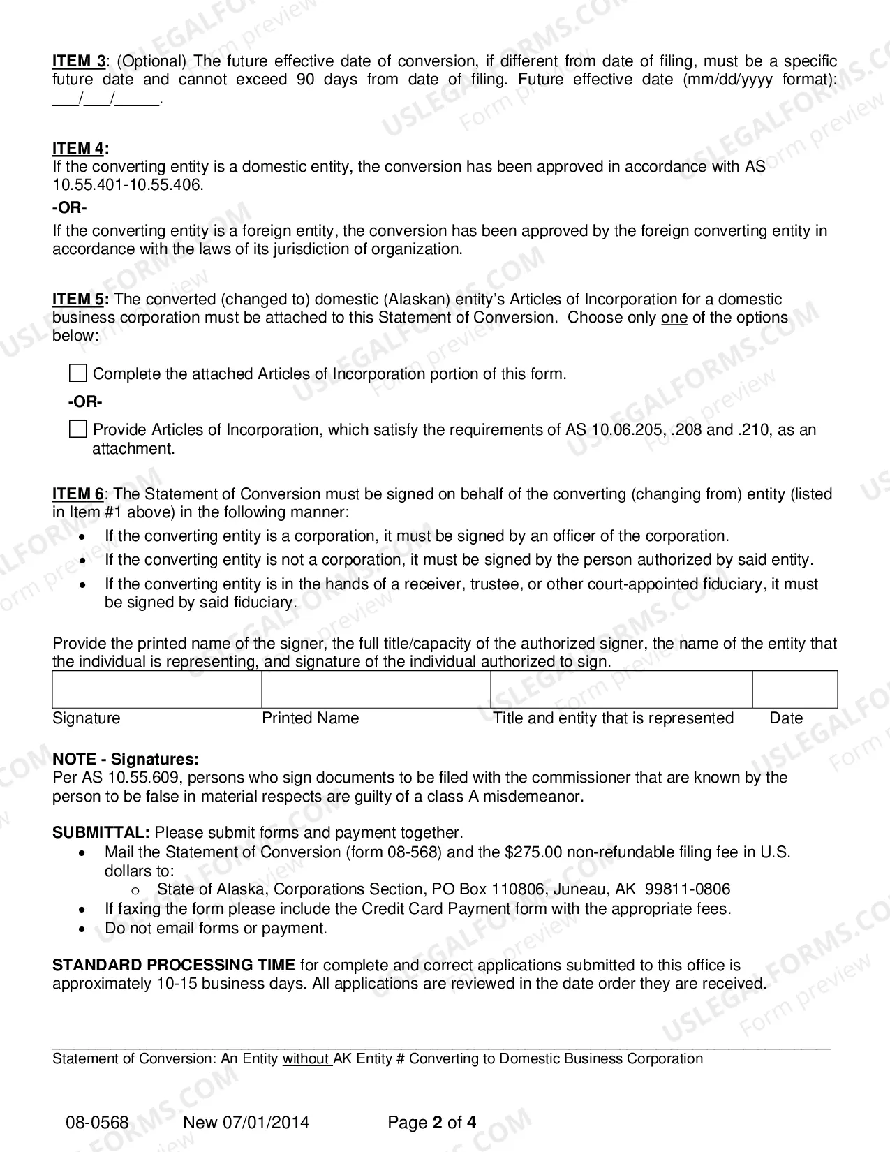 Preview Statement of Conversion - Entity without AK Entity Number Converting to Domestic Business Corporation