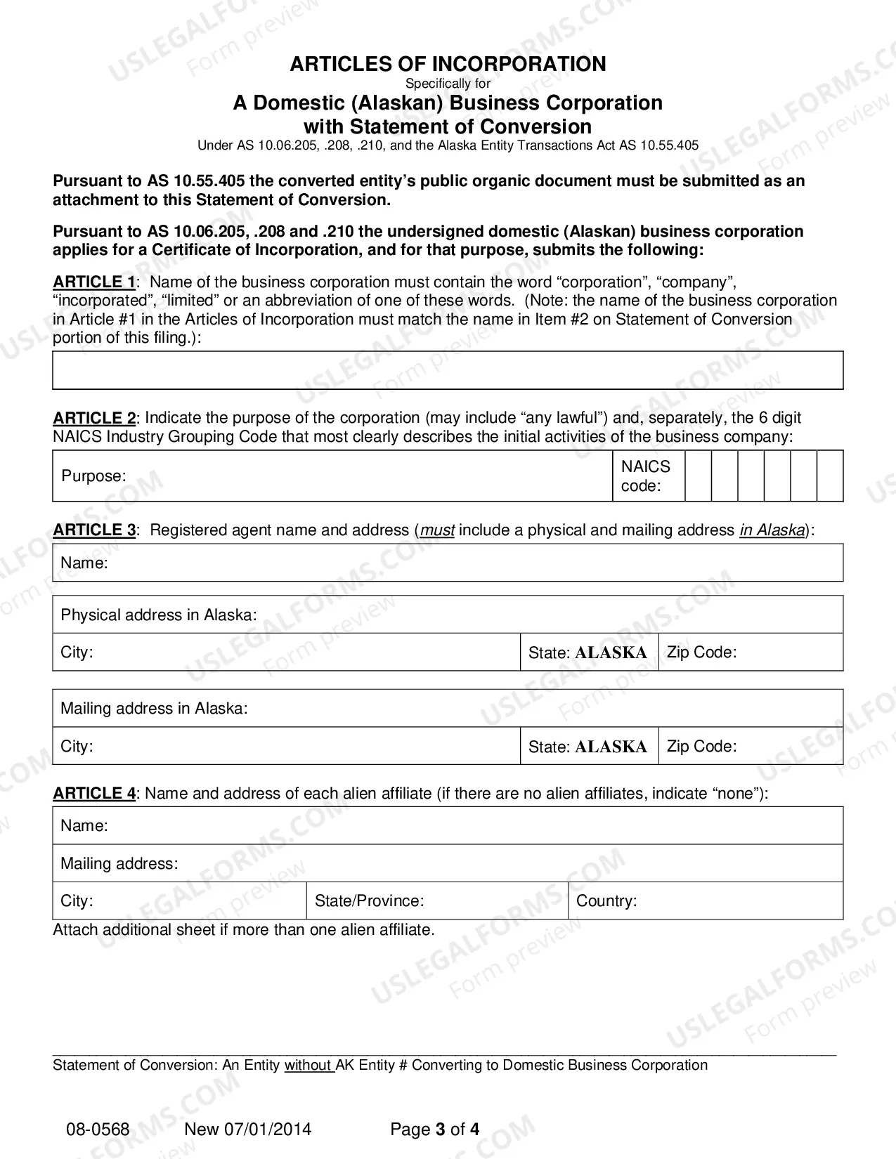 Preview Statement of Conversion - Entity without AK Entity Number Converting to Domestic Business Corporation