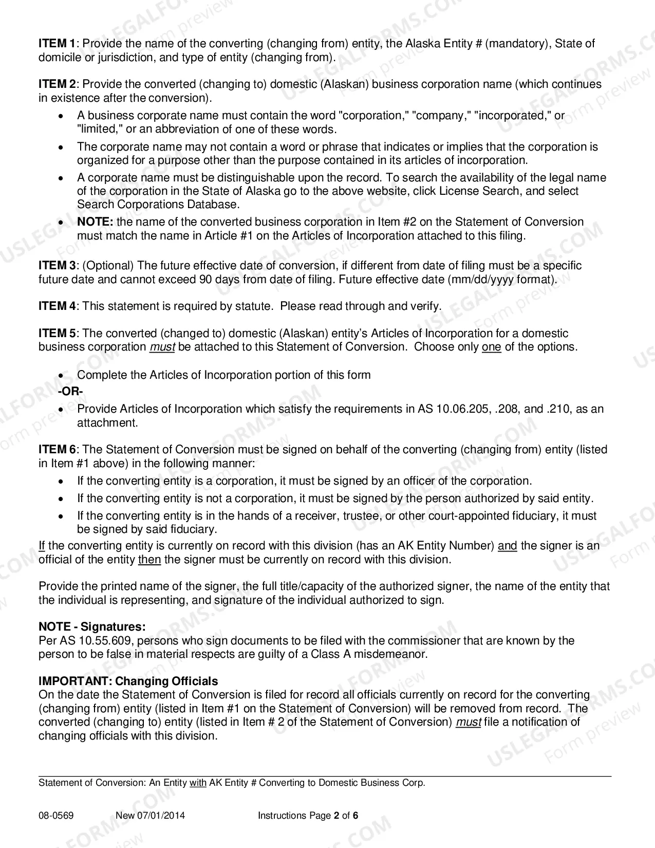 Preview Statement of Conversion - Entity with AK Entity Number Converting to Domestic Business Corporation