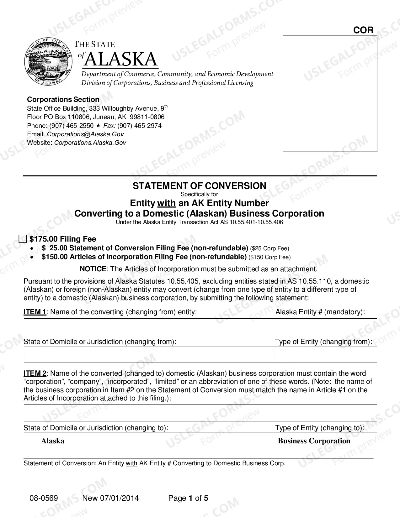 Preview Statement of Conversion - Entity with AK Entity Number Converting to Domestic Business Corporation