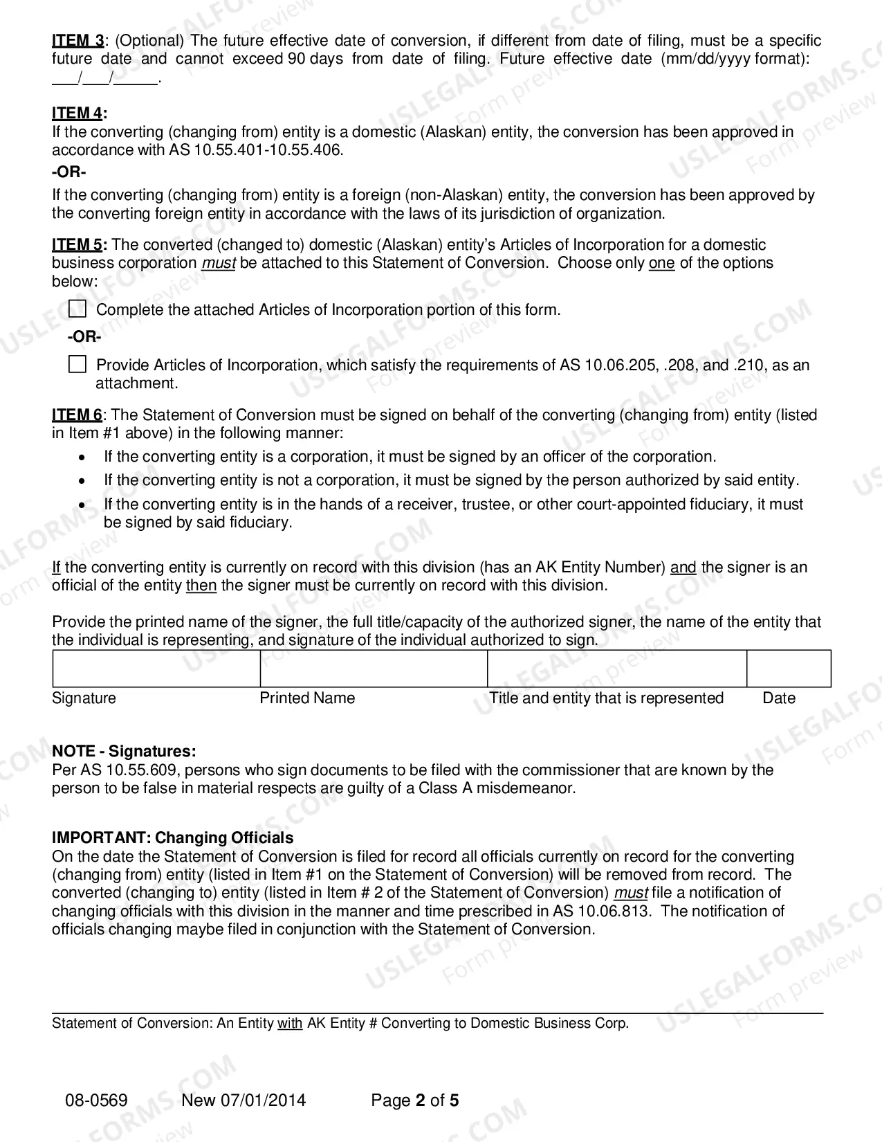 Preview Statement of Conversion - Entity with AK Entity Number Converting to Domestic Business Corporation