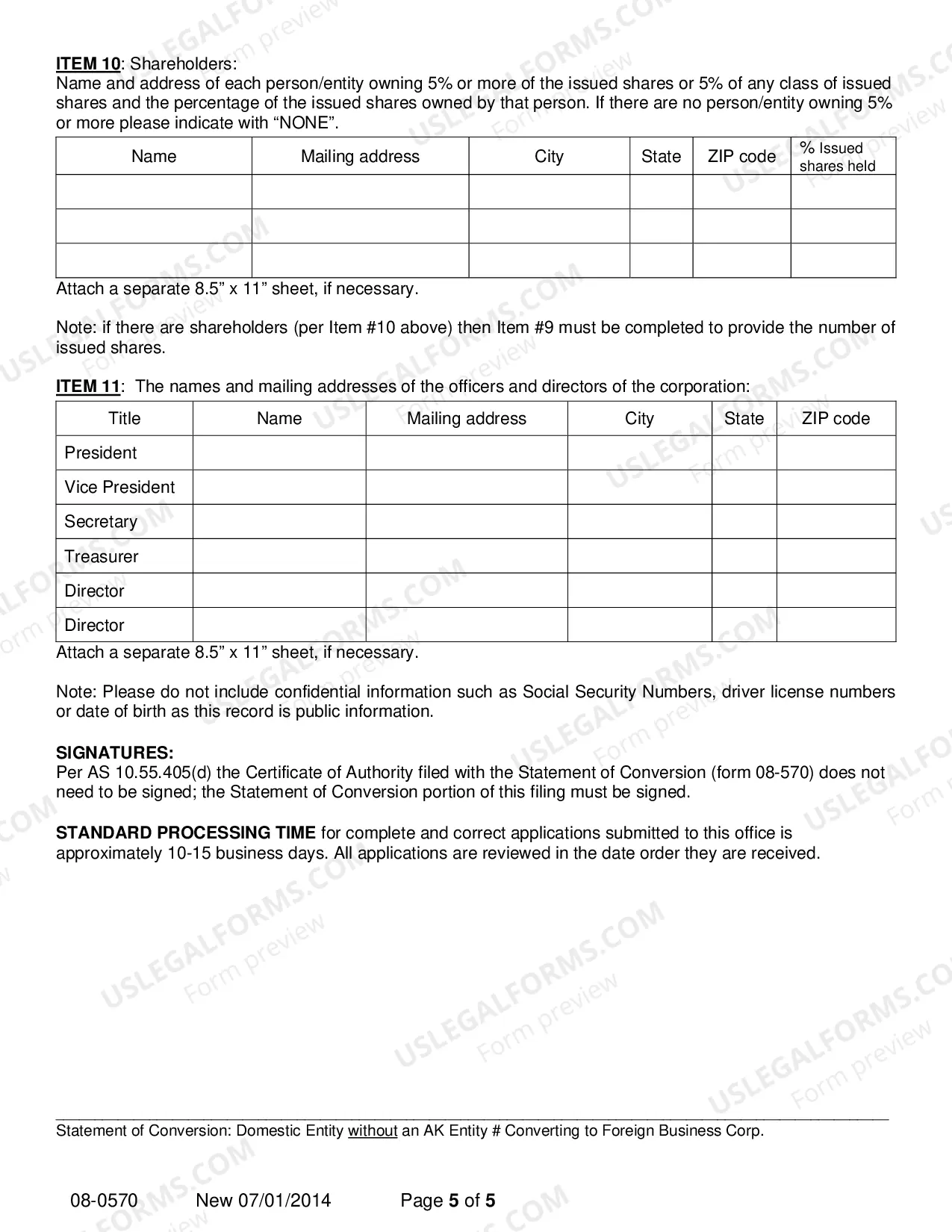 Preview Statement of Conversion - Domestic Entity without AK Entity Number Converting to Foreign Business Corporation