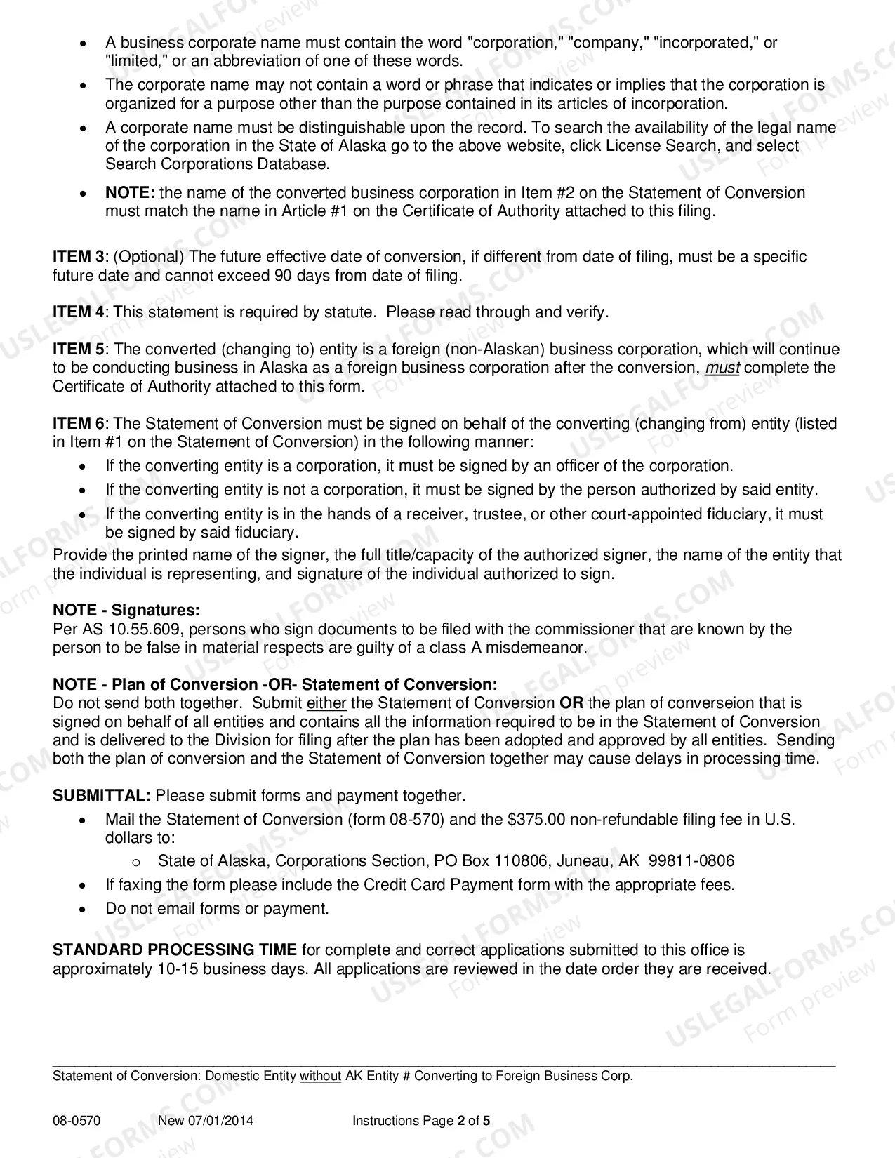 Preview Statement of Conversion - Domestic Entity without AK Entity Number Converting to Foreign Business Corporation