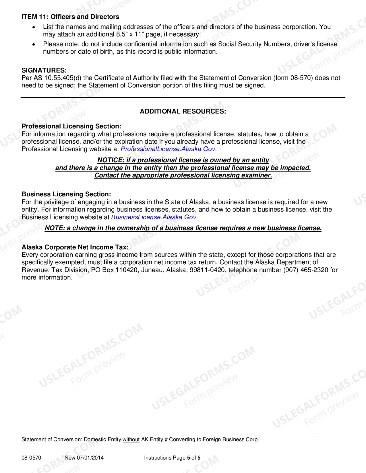 Preview Statement of Conversion - Domestic Entity without AK Entity Number Converting to Foreign Business Corporation