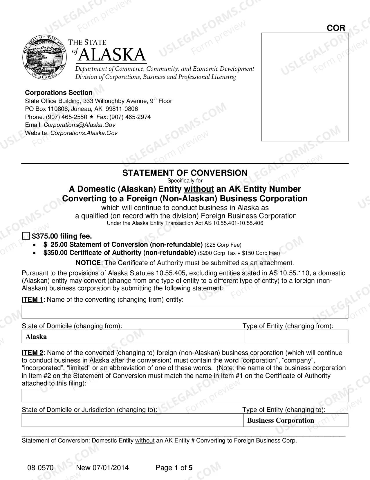 Preview Statement of Conversion - Domestic Entity without AK Entity Number Converting to Foreign Business Corporation
