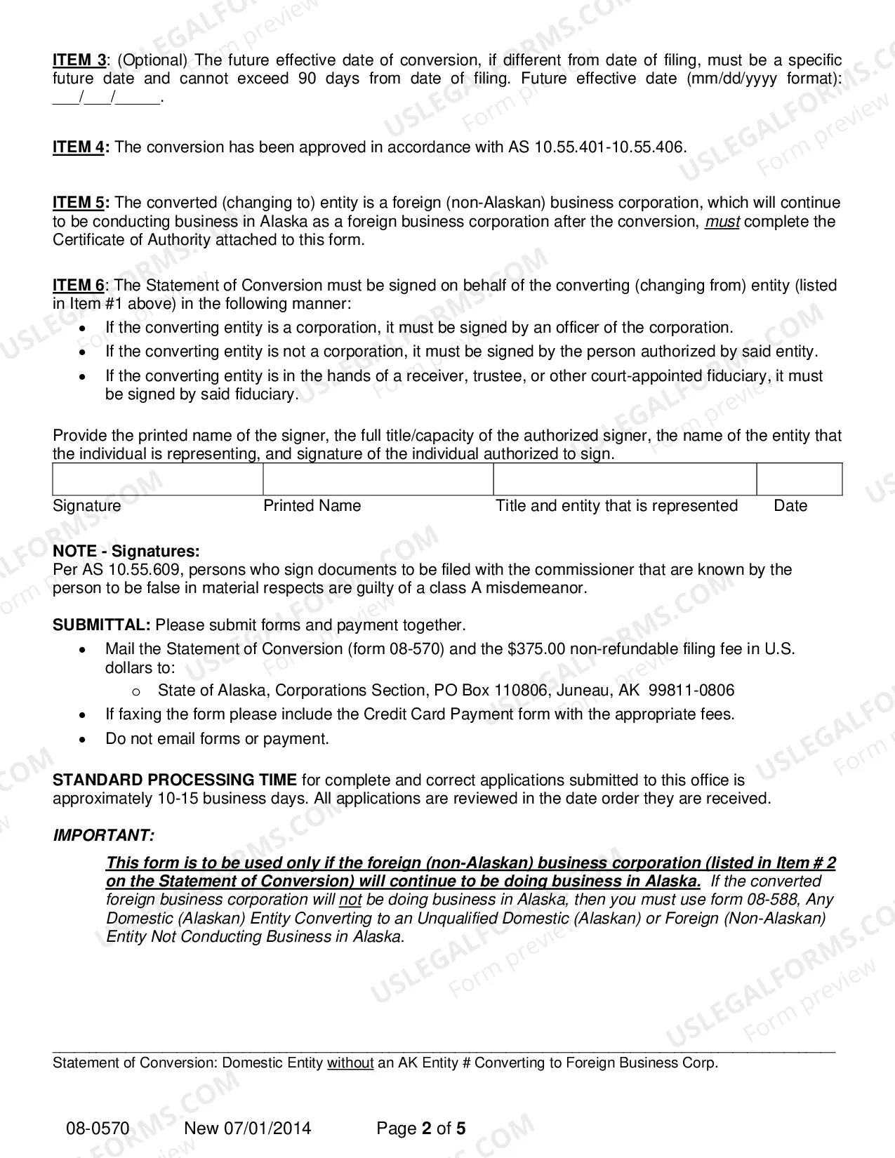 Preview Statement of Conversion - Domestic Entity without AK Entity Number Converting to Foreign Business Corporation